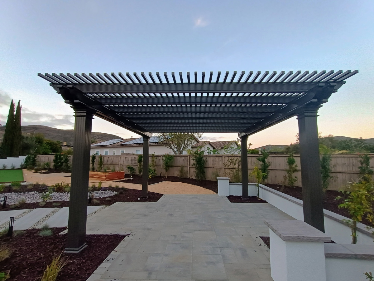 Custom aluminum patio cover with recessed lighting installed by Eminent Patio Covers